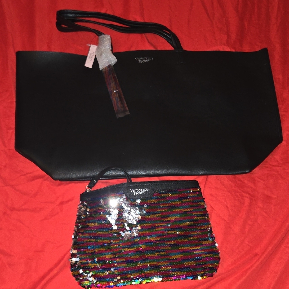 Victoria's Secret Black Tote with Colorful Sequin Pouch